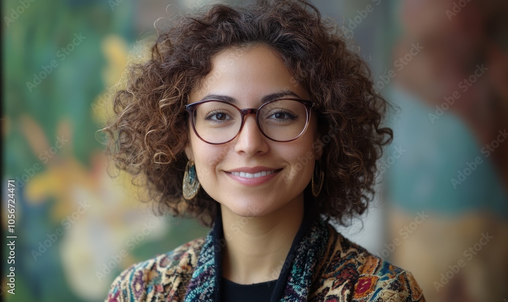 A woman with curly hair is smiling and wearing glasses A woman with curly hair is smiling and wearing glasses