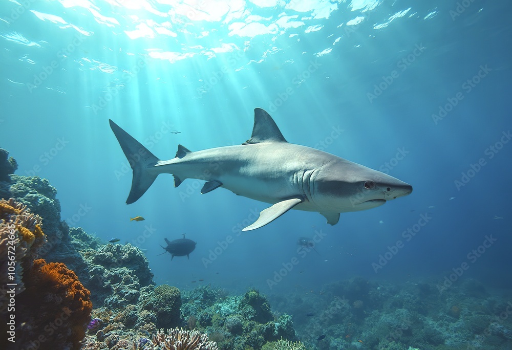 Fototapeta premium A large gray shark swimming in clear blue water over a coral reef