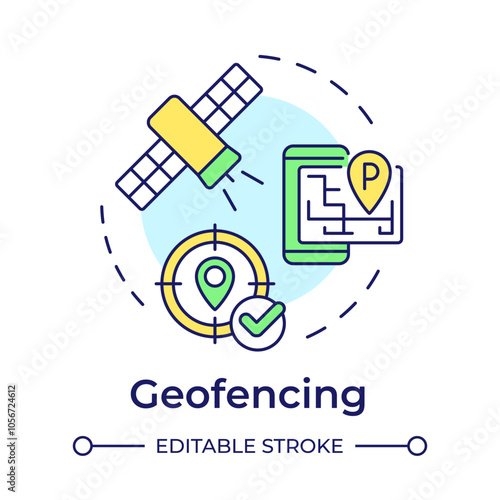 Geofencing multi color concept icon. Satellite tracking, geotargeting. Device management. Round shape line illustration. Abstract idea. Graphic design. Easy to use in infographic, presentation