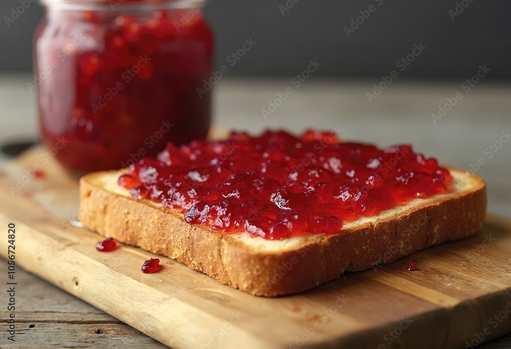 A slice of toast with a thick layer of red jam or preserves on a wooden cutting board, with a jar of the same jam in the background A slice of toast with a thick layer of red jam or preserves on a wooden cutting board, with a jar of the same jam in the background