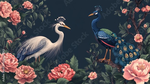 Two birds, one white and one blue, are standing on a branch in a garden