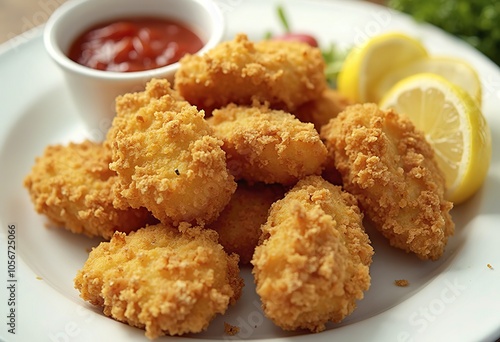 Golden fried chicken nuggets coated in crispy breadcrumbs, served on a white plate