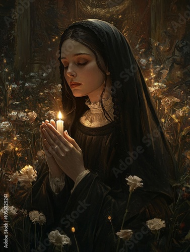 In a serene glow of candlelight, Saint Rita, draped in a graceful habit, prays with unwavering devotion, embodying hope and strength.