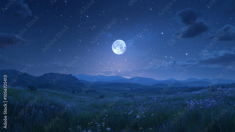 Nighttime Landscape with Full Moon, Stars, and Field of Flowers Nighttime Landscape with Full Moon, Stars, and Field of Flowers