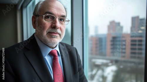 Senior Executive Posing by Window in Modern Office