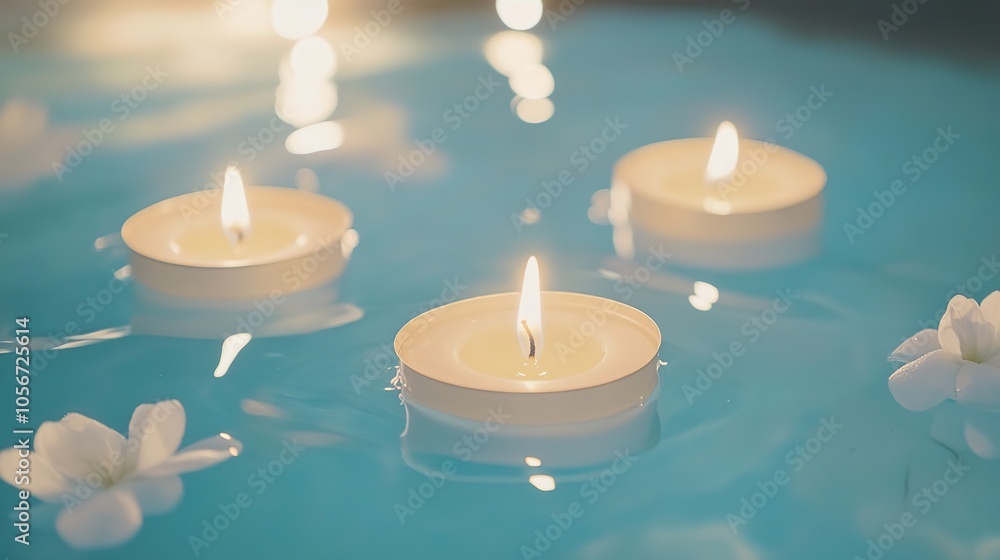 A tranquil spa ambiance featuring flickering candles and soft music notes, set against a soothing pastel blue background. This serene scene evokes relaxation and peace, perfect for wellness themes, A tranquil spa ambiance featuring flickering candles and soft music notes, set against a soothing pastel blue background. This serene scene evokes relaxation and peace, perfect for wellness themes,