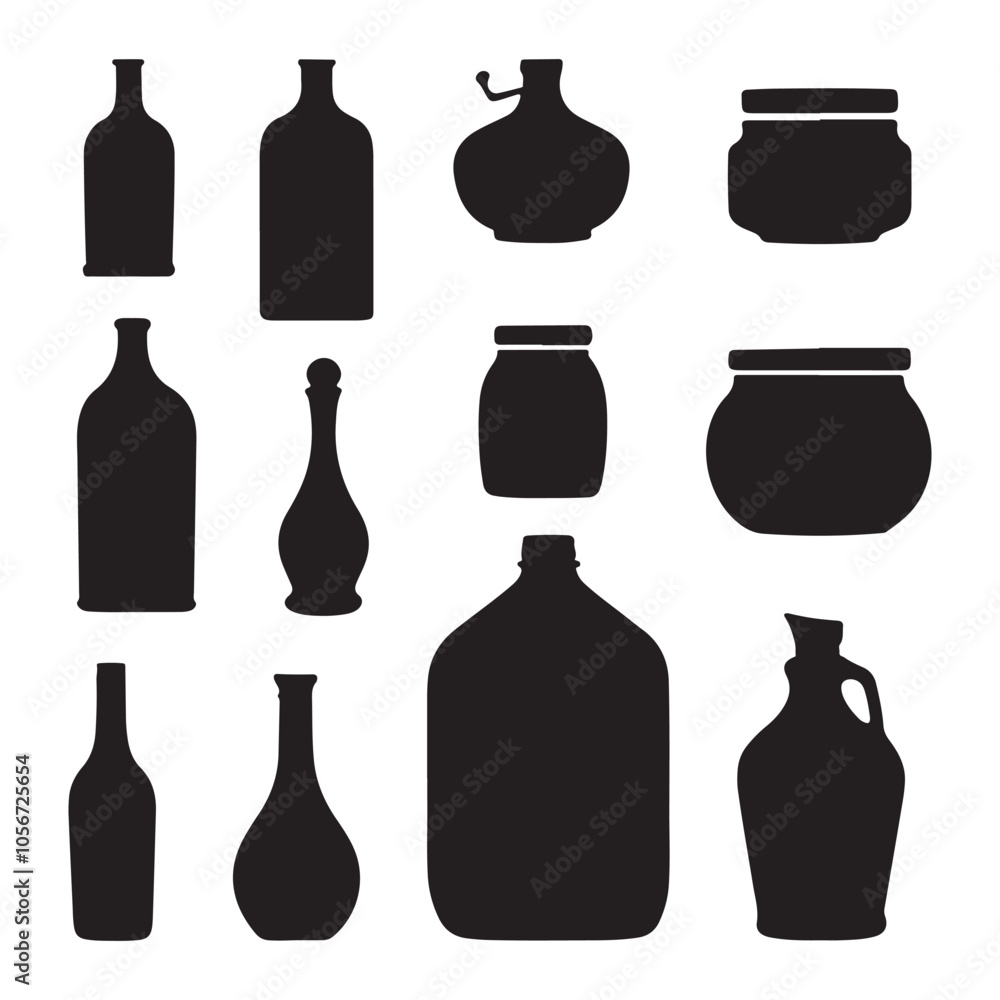 This vector set features a silhouette collection of different drink bottles, including wine, beer, vodka, and champagne, perfect for bar or restaurant design This vector set features a silhouette collection of different drink bottles, including wine, beer, vodka, and champagne, perfect for bar or restaurant design
