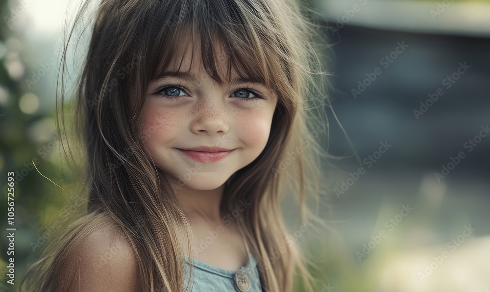 A young girl with long hair is smiling and looking at the camera A young girl with long hair is smiling and looking at the camera