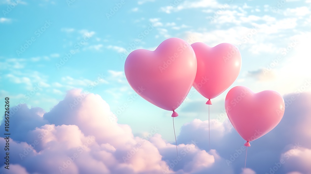 Playful and charming Valentines Day backdrop showcasing a cluster of whimsical pink heart balloons floating amidst soft, billowy clouds Playful and charming Valentines Day backdrop showcasing a cluster of whimsical pink heart balloons floating amidst soft, billowy clouds