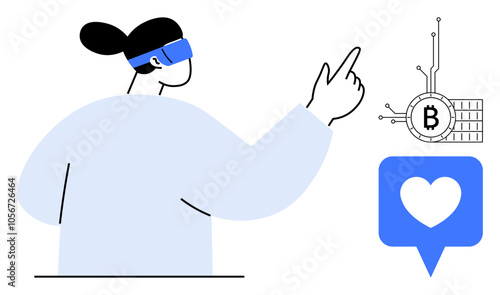 Person wearing VR headset pointing towards a Bitcoin symbol and a social media heart icon. Ideal for technology, virtual reality, cryptocurrency, social media, digital interaction. Flat design style