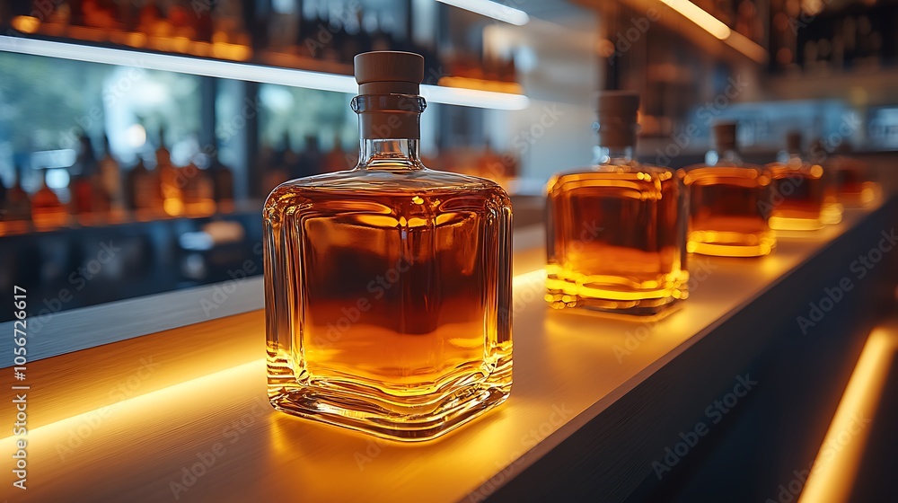 Sophisticated spirits bottles glowing under soft ambient lighting Sophisticated spirits bottles glowing under soft ambient lighting