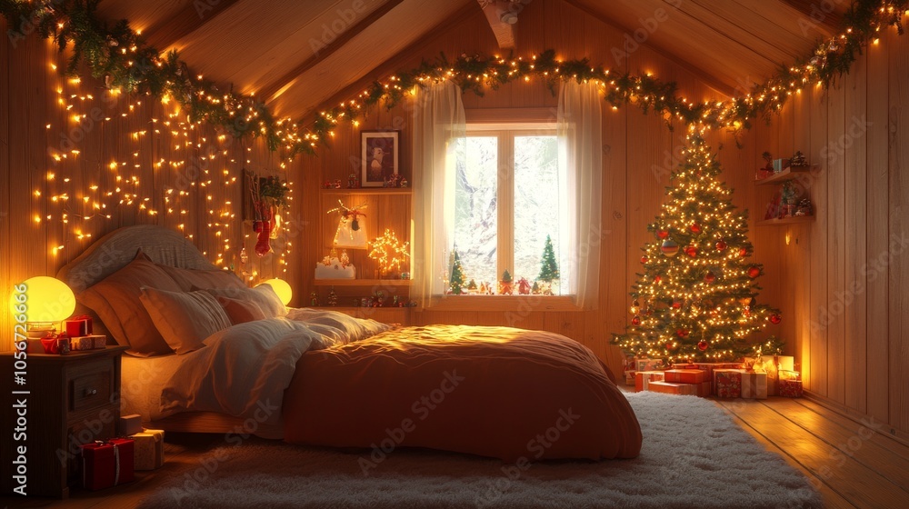 Cozy Christmas Bedroom with Decorated Tree and Lights Cozy Christmas Bedroom with Decorated Tree and Lights
