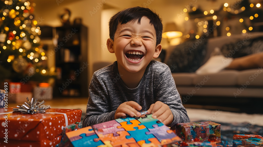 A boy laughing as he unwraps a colorful puzzle from his gift pile. A boy laughing as he unwraps a colorful puzzle from his gift pile.