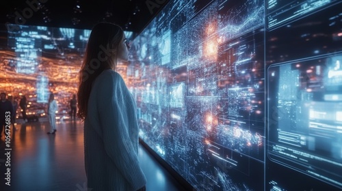 Woman Gazing at Futuristic Data Wall Display