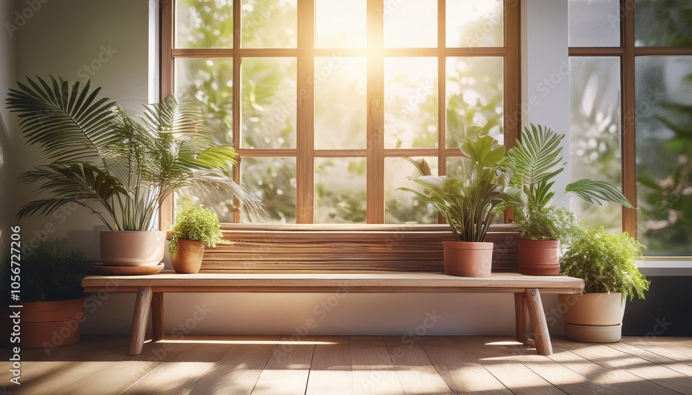 Fototapeta premium Many potted plants sitting on a bench in front of a window