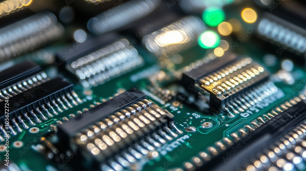 Close-Up of Electronic Circuit Board with Microchips, Semiconductor Technology for Data Processing, High-Tech Hardware Components, Macro Photography of Integrated Circuits, Modern Computing and Engine Close-Up of Electronic Circuit Board with Microchips, Semiconductor Technology for Data Processing, High-Tech Hardware Components, Macro Photography of Integrated Circuits, Modern Computing and Engine