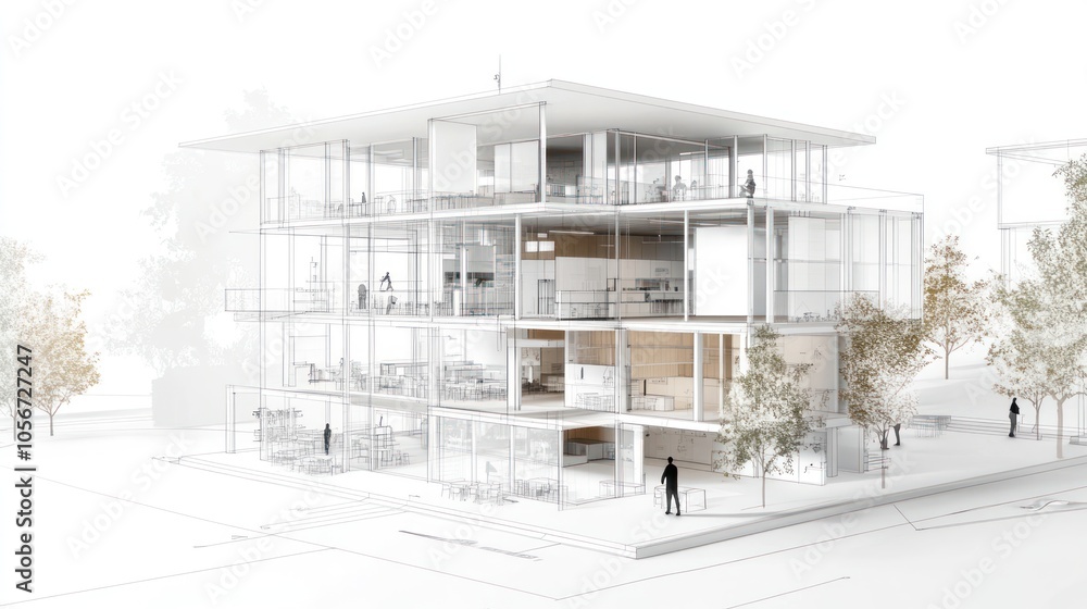Modern architectural design featuring transparent, multi-level spaces. Modern architectural design featuring transparent, multi-level spaces.