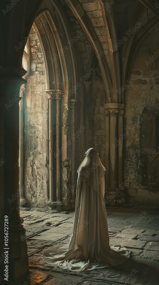 A Woman in a Veil Stands in a Stone Archway A Woman in a Veil Stands in a Stone Archway
