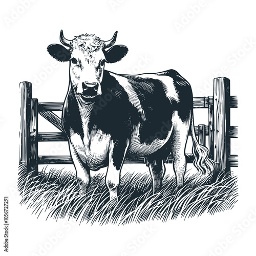 The fairy cow. Black white vector illustration.