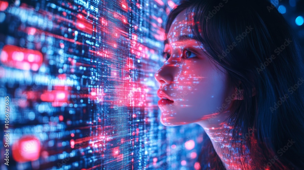 Woman's face illuminated by red and blue digital lights Woman's face illuminated by red and blue digital lights