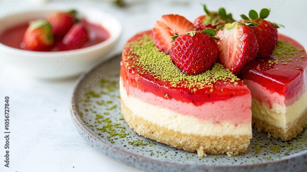 Delicious strawberry cheesecake elegantly served with a creamy dipping sauce and sprinkled with matcha powder. This mouthwatering dessert features a rich and smooth texture, Delicious strawberry cheesecake elegantly served with a creamy dipping sauce and sprinkled with matcha powder. This mouthwatering dessert features a rich and smooth texture,