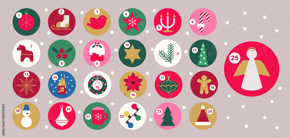 Merry Christmas stickers set for advent calendar. Modern minimalist geometric elements. Vector flat illustration. Merry Christmas stickers set for advent calendar. Modern minimalist geometric elements. Vector flat illustration.
