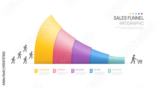 Infographic Sales funnel diagram template for business. Modern  Timeline 5 step level, digital marketing data, presentation vector infographics.