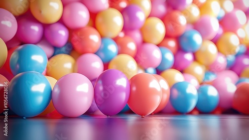 3D backdrop for photography, balloon garland on the floor, balloons flying in the background, colorful balloon garland, delicate colors, balloon wall hanging from the ceiling