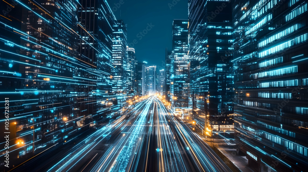 High-Tech City at Night With Skyscrapers and Fast-Moving Light Trails Representing Future Urban Technology. Generative AI High-Tech City at Night With Skyscrapers and Fast-Moving Light Trails Representing Future Urban Technology. Generative AI