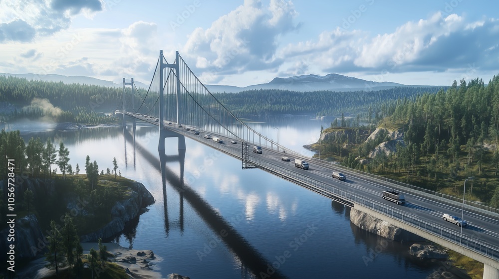 Scenic Suspension Bridge over Calm River in Forest Landscape, Tranquil Rural Roadway with Reflections, Nature and Infrastructure Harmony, Morning Light in Countryside Scenic Suspension Bridge over Calm River in Forest Landscape, Tranquil Rural Roadway with Reflections, Nature and Infrastructure Harmony, Morning Light in Countryside