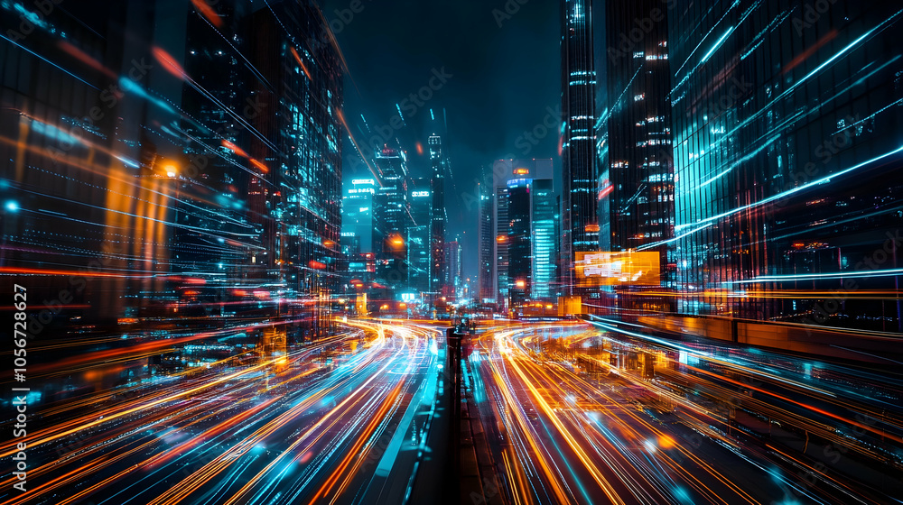 Futuristic City With Dynamic Light Trails And Skyscrapers At Night, Representing Speed And Urban Technology. Generative AI Futuristic City With Dynamic Light Trails And Skyscrapers At Night, Representing Speed And Urban Technology. Generative AI