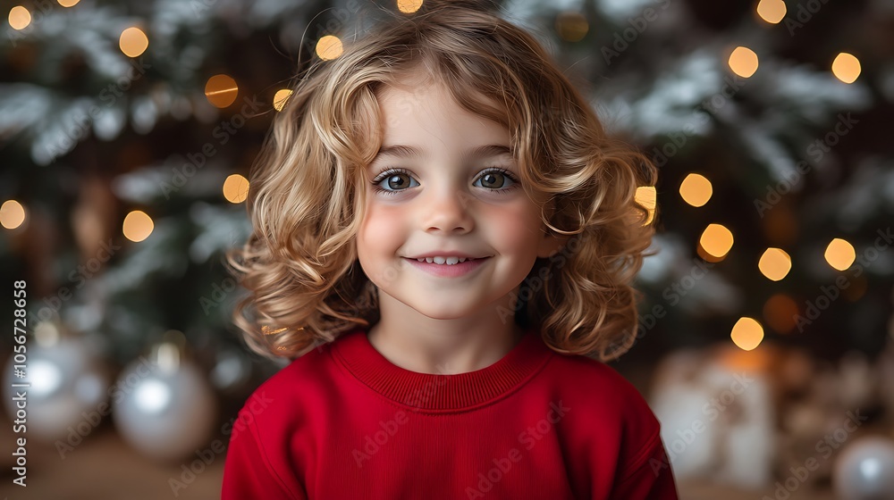 A young child in a cozy red sweatshirt smiles sweetly while holding a small stuffed toy against a backdrop of snowy pine trees and twinkling lights. A young child in a cozy red sweatshirt smiles sweetly while holding a small stuffed toy against a backdrop of snowy pine trees and twinkling lights.