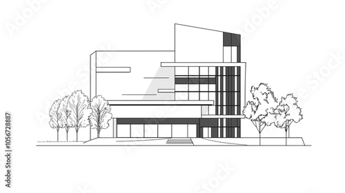 Abstract modern urban building out-line black and white drawing of imaginary architecture building construction perspective design concept sketch