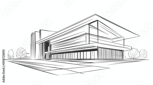 Abstract modern urban building out-line black and white drawing of imaginary architecture building construction perspective design concept sketch