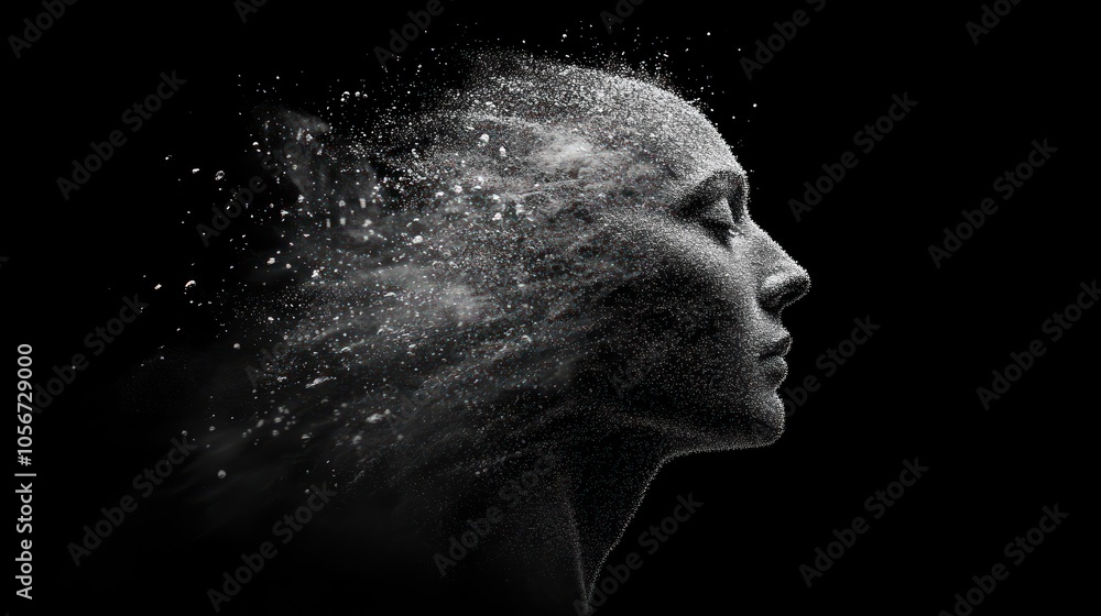 Vector human or artificial head dispersion effect and disintegrating into particles on black background. 3D polygonal illustration Vector human or artificial head dispersion effect and disintegrating into particles on black background. 3D polygonal illustration