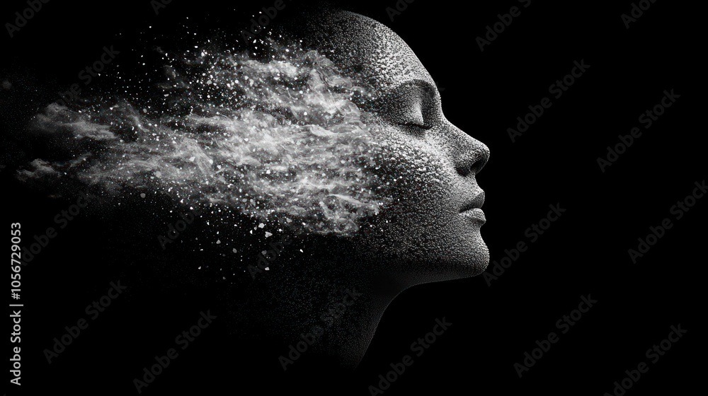 Vector human or artificial head dispersion effect and disintegrating into particles on black background. 3D polygonal illustration Vector human or artificial head dispersion effect and disintegrating into particles on black background. 3D polygonal illustration