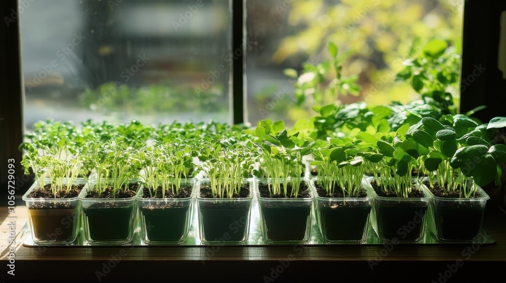 A beautiful display of flower seedlings in glass containers, A beautiful display of flower seedlings in glass containers,