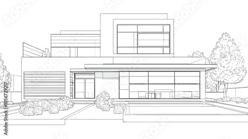 Abstract modern urban building out-line black and white drawing of imaginary architecture building construction perspective design concept sketch
