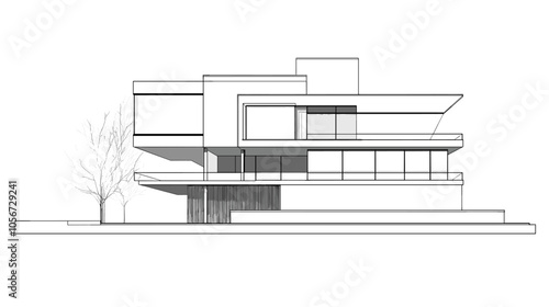 Abstract modern urban building out-line black and white drawing of imaginary architecture building construction perspective design concept sketch