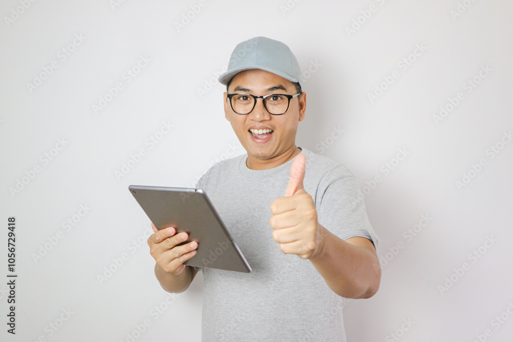 Asian delivery man or courier smiles and gives a thumbs up gesture to the camera while peeking out from behind a white wall. Concept of delivery services, customer satisfaction, business reliability Asian delivery man or courier smiles and gives a thumbs up gesture to the camera while peeking out from behind a white wall. Concept of delivery services, customer satisfaction, business reliability