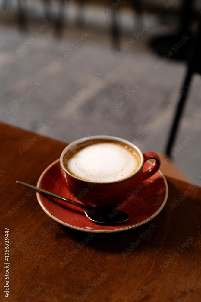 Top view of ceramic cup with cappuccino on the table Top view of ceramic cup with cappuccino on the table