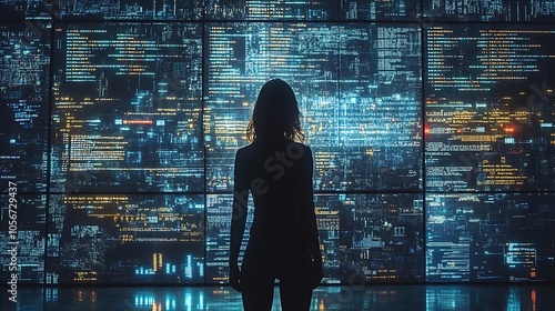 A woman stands before a wall of glowing digital code, representing the vastness and complexity of modern technology.