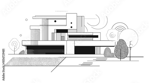 Abstract modern urban building out-line black and white drawing of imaginary architecture building construction perspective design concept sketch