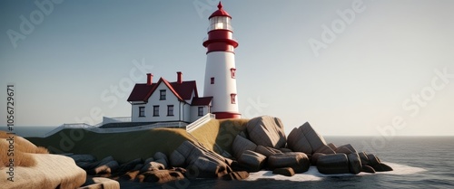 Scenic coastal lighthouse on rocky cliff at sunset photo