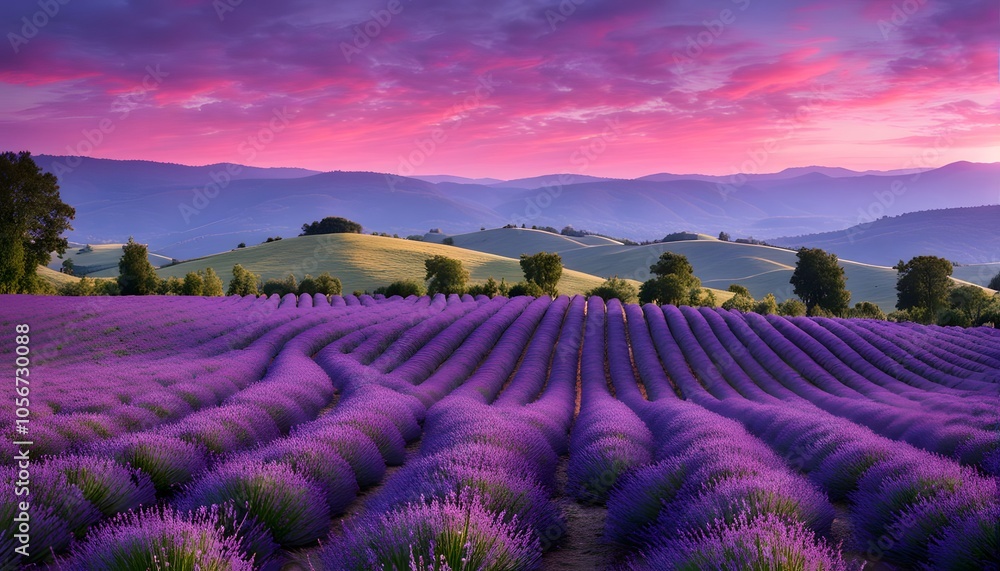 Lavender orchard stretching over rolling hills with the sky glowing in purple and pink, AI Generated Lavender orchard stretching over rolling hills with the sky glowing in purple and pink, AI Generated