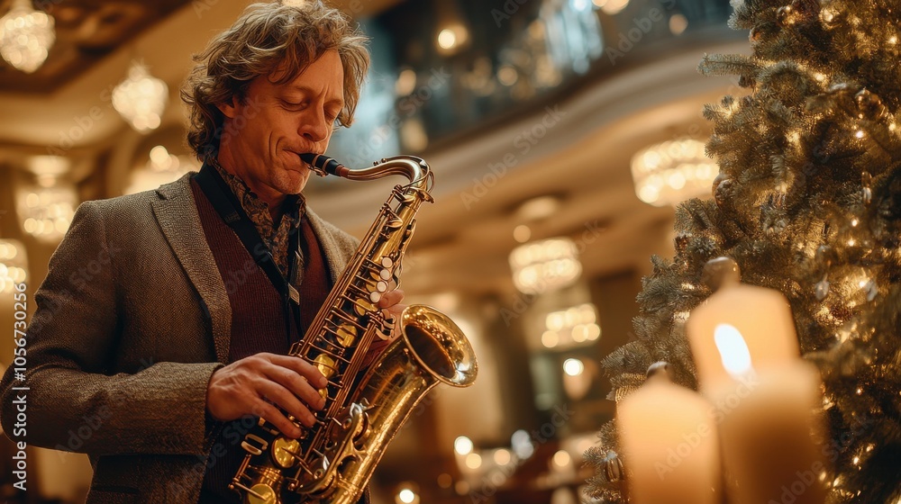 Obraz premium A man playing a saxophone in front of a Christmas tree
