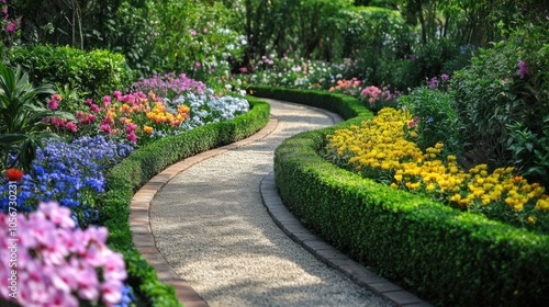 A charming garden path with beds of colorful flowers and neatly trimmed hedges