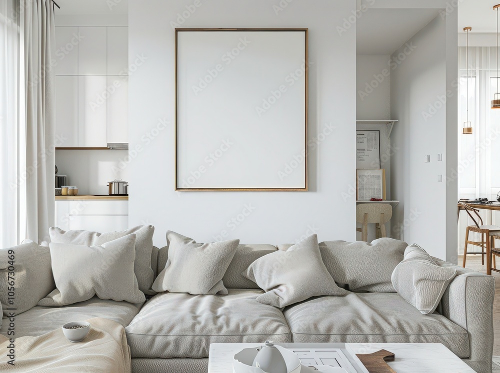 Fototapeta premium Modern living room interior with a large blank canvas frame above a grey sofa with cushions and a coffee table