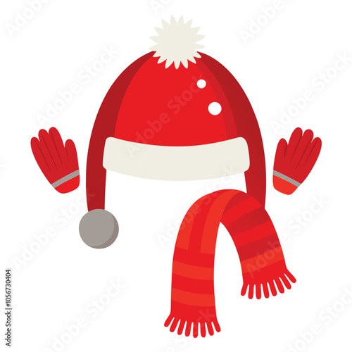 Realistic illustration of knitted santa hat with earflaps, red mittens and scarf 