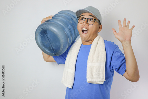 Young man shock Delivery Man Holding Water gallon
